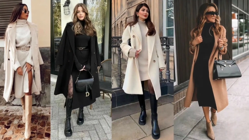 Četiri žene u kaputima nose haljine uz čizme i torbe, u slojevitim jesenjim kombinacijama na ulici