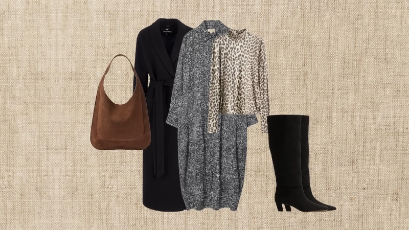 Tri haljine u tamnim i neutralnim tonovima uz braon torbu i crne čizme